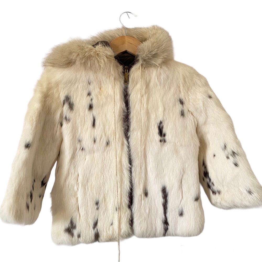 Vintage Rabbit Fur Coat Little Girls Kids Winter Hooded Jacket Cream 4 5 6
